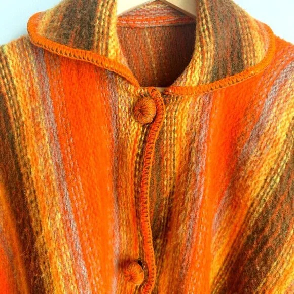 Vintage Wool Bright Orange Brown Striped Poncho w Patch Pockets OS - Picture 6 of 9